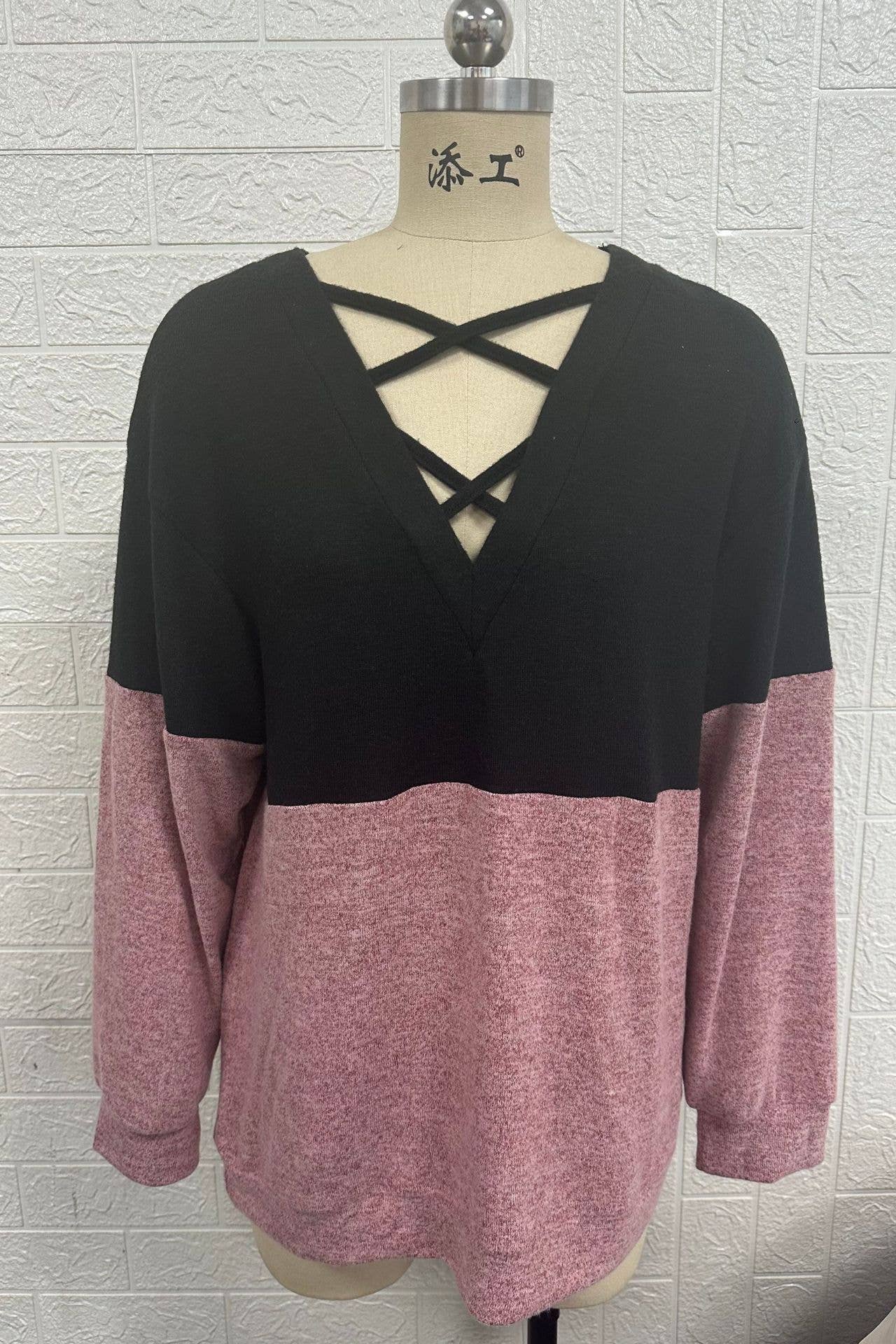 Cross-v-neck color-blocking off-the-shoulder Top