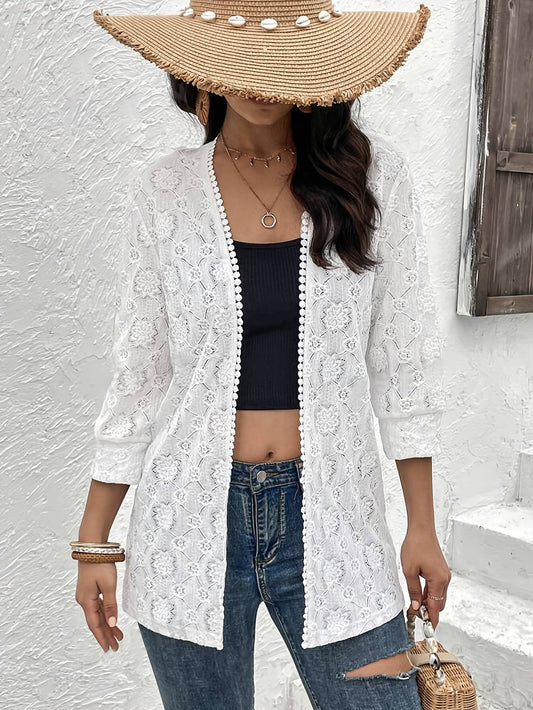 Elegant solid-color lace patchwork cardigan