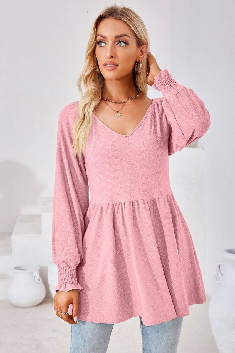 CWTBLL2817_SOLID COLOR PATCHWORK LONG-SLEEVED TUNIC