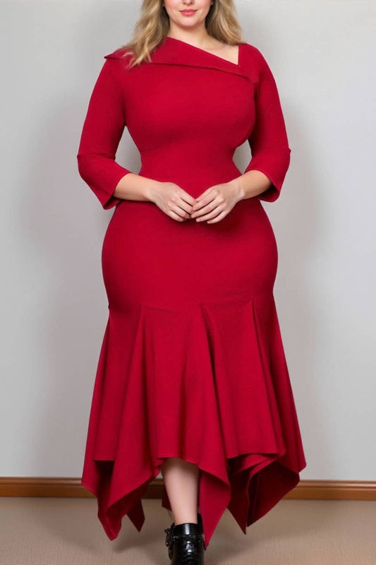 CWDMD01253_2025 PLUS SIZE WOMEN ASYMMETRICAL NECK MIDI DRESS