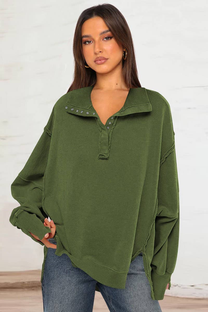 CWTBLL3993_SLIT LANTERN SLEEVE POLO COLLAR SWEATSHIRT