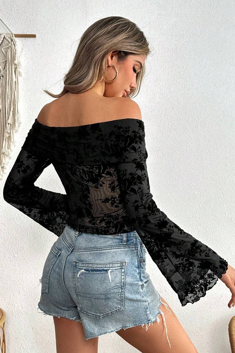CWTBLL3477_FLOCKED FLORAL OFF-THE-SHOULDER BELL SLEEVE TOP