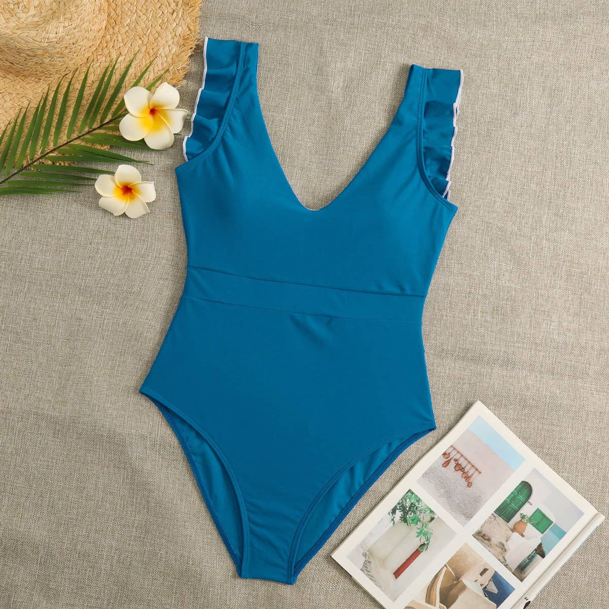 WOMEN'S SEXY DEEP V SWIMSUIT WITH RUFFLED EDGES