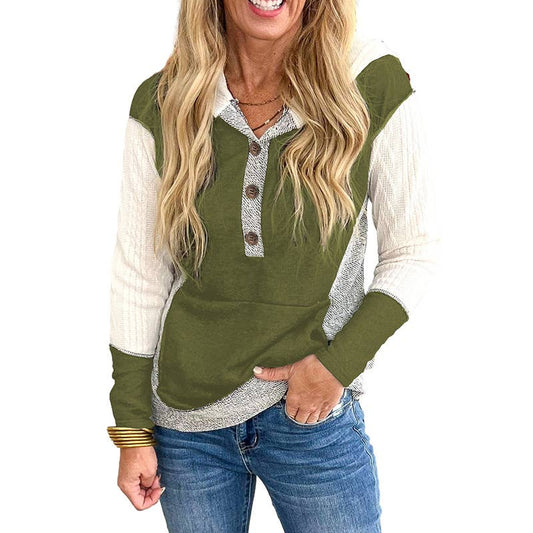 COLOR CONTRAST TEXTURE PATCHWORK LOOSE HOODIE