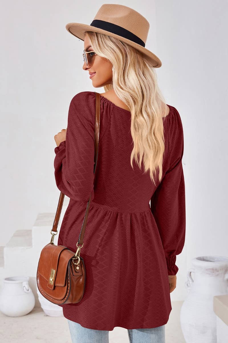 CWTBLL2817_SOLID COLOR PATCHWORK LONG-SLEEVED TUNIC