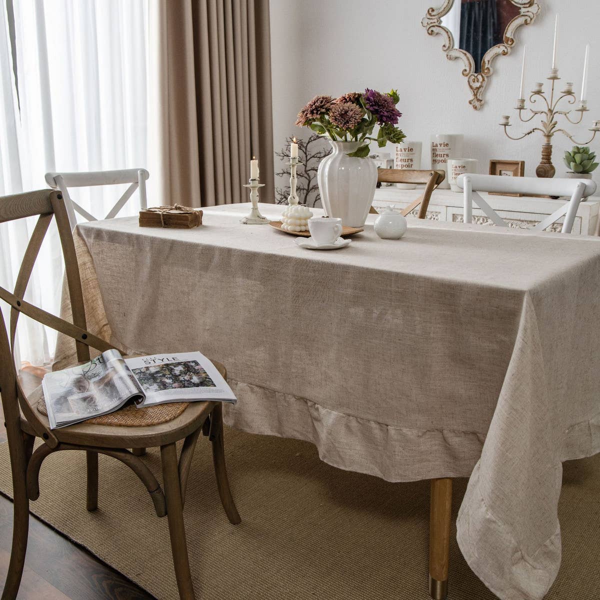 HOME PLAIN RUFFLED POLYESTER AND LINEN TABLECLOTH