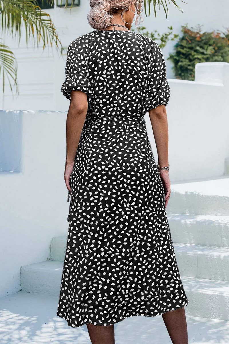 CROSS V NECK STONE FLOWER SPLIT DRESS_CWDSD2657