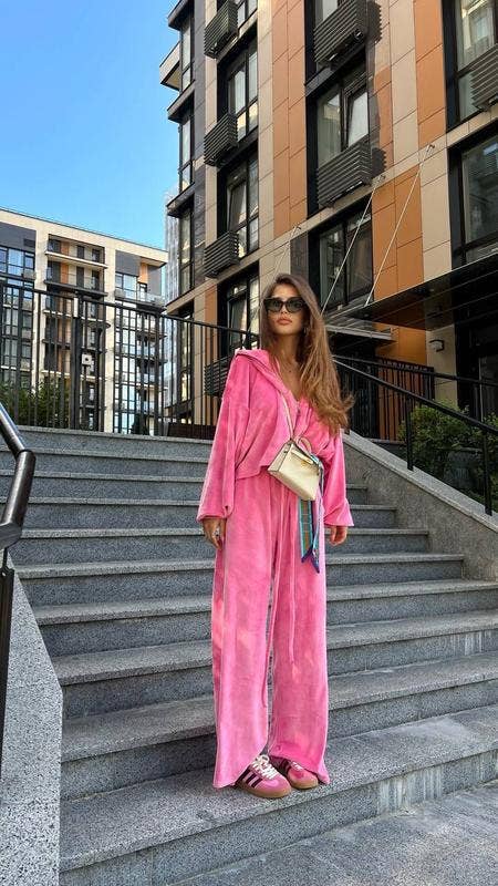 Casual velvet zipper hooded wide-leg pants set