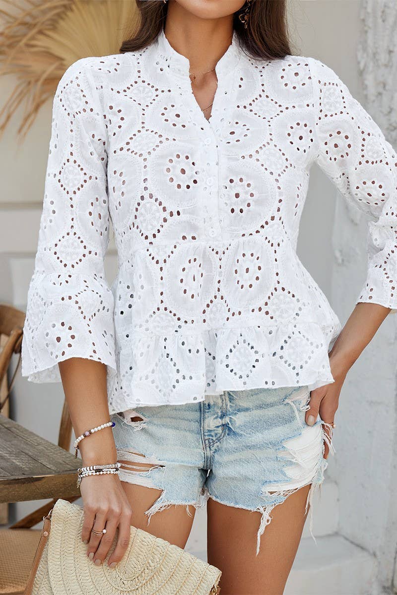 CWTBLL3593_CASUAL HOLLOW V-NECK THREE-QUARTER SLEEVE SHIRT