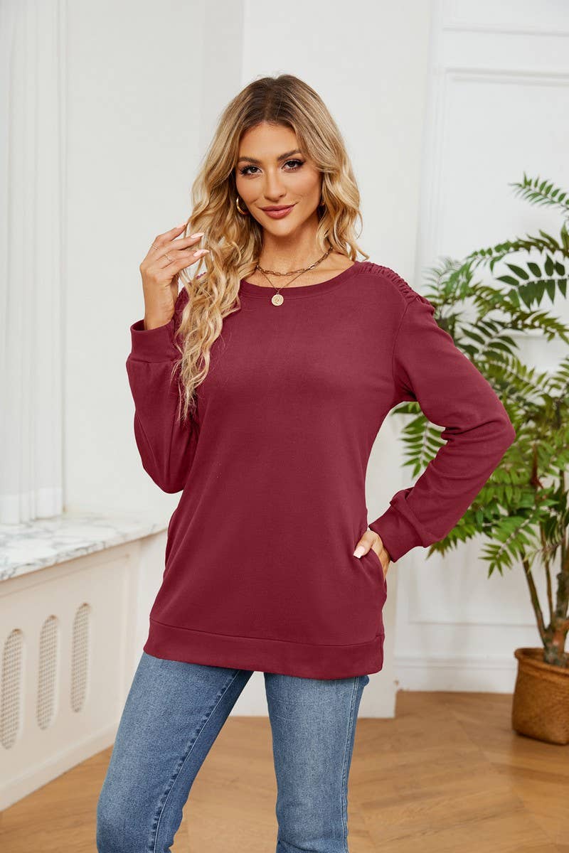 CWTBLL2384_SOLID COLOR ROUND NECK LONG SLEEVE POCKET T-SHIRT
