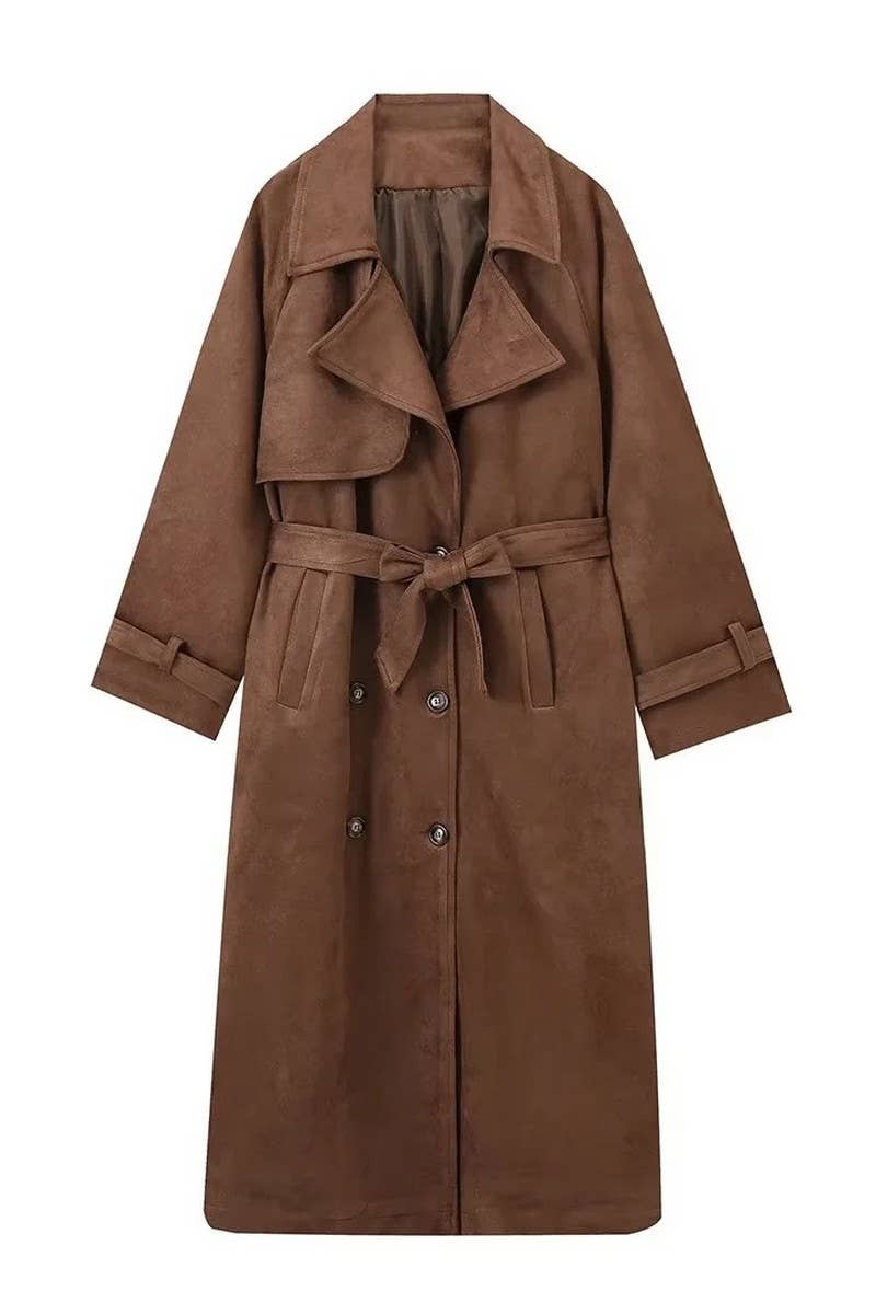 CWOCO1075_DOUBLE BREASTED LAPEL FAUX LEATHER LONG COAT