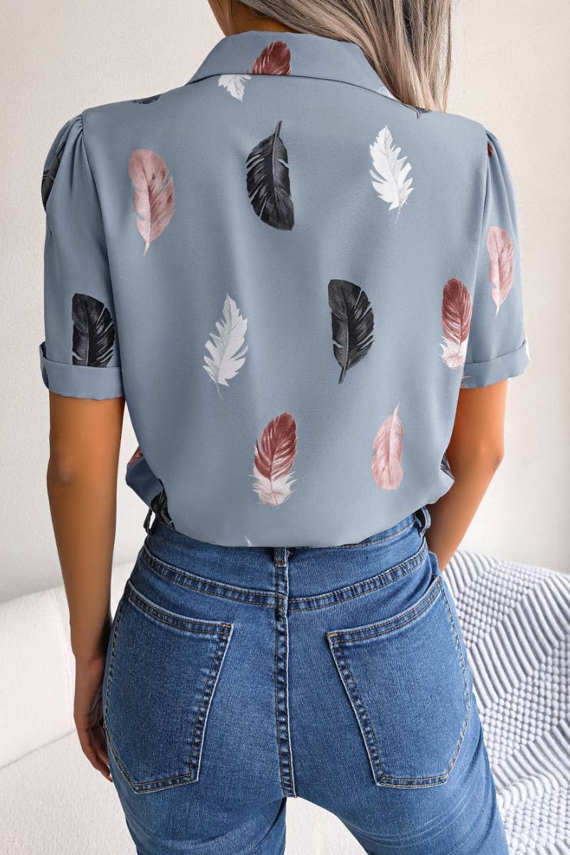CWTDSS0051_SUIT COLLAR FEATHER LOOSE SHORT-SLEEVED SHIRT