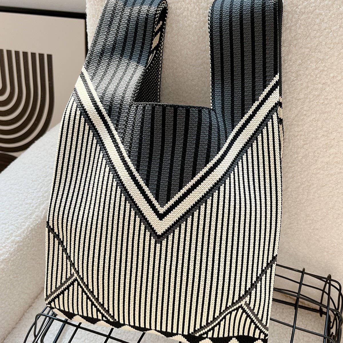 CUAB00621_TEXTURED KNIT TOTE BAG WOMEN¡¯S STRIPED HANDBAG