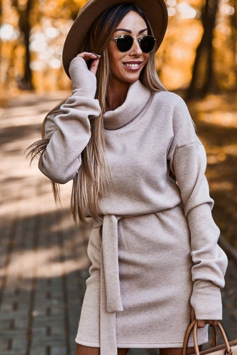 CWDSD10863_SOLID COLOR HIGH COLLAR WAIST KNITTED DRESS