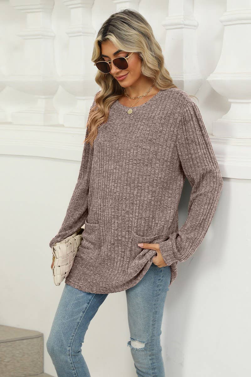 CWTBLL1118_CASUAL ROUND NECK POCKET PUFF SLEEVE LOOSE TOP