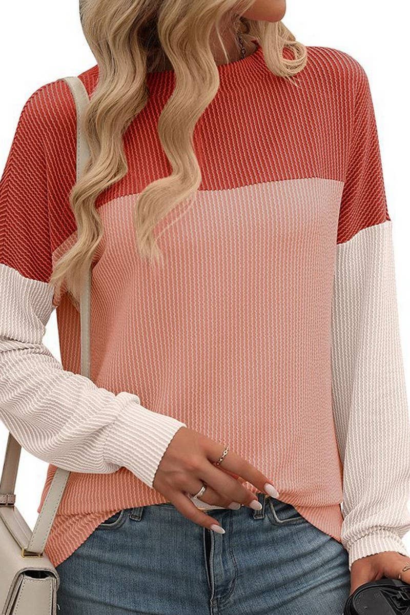 CWTBLL1490_ROUND NECK TWIST COLOR BLOCK LONG SLEEVE T-SHIRT