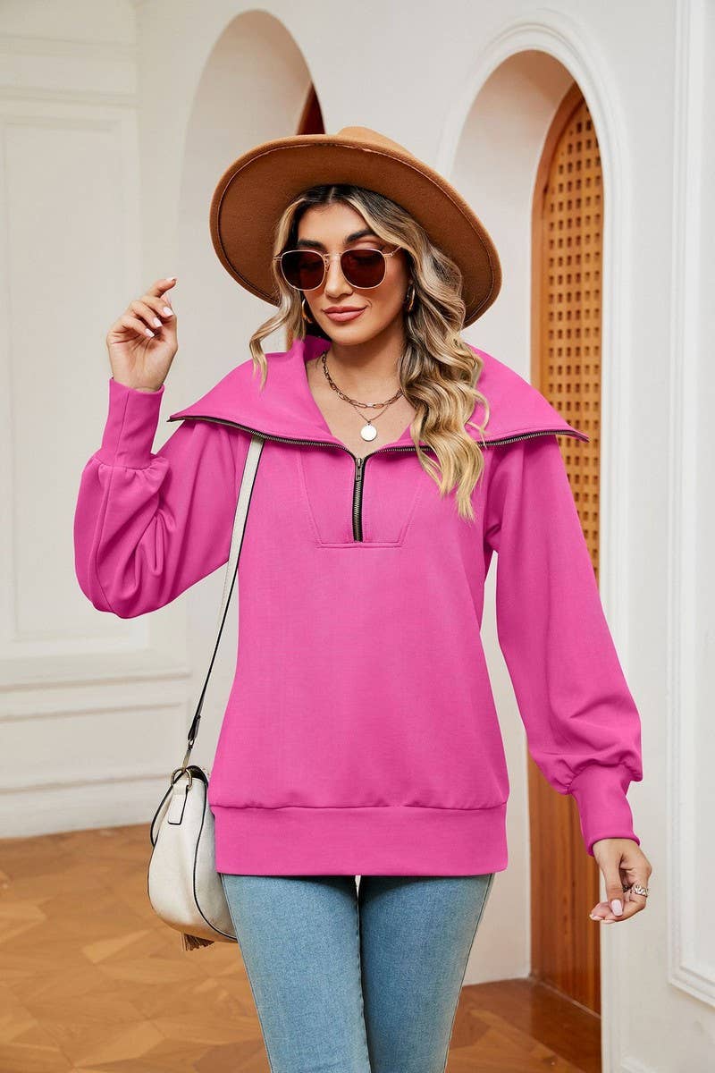 CWTBLL2400_SOLID COLOR ZIPPER LAPEL LOOSE SHAWL SWEATSHIRT