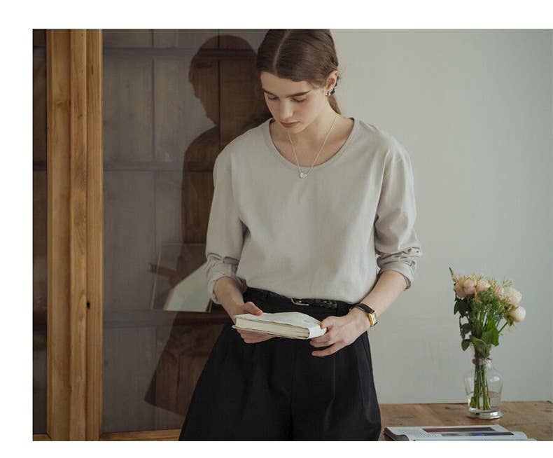 Cotton round-neck off-the-shoulder sleeve shirt