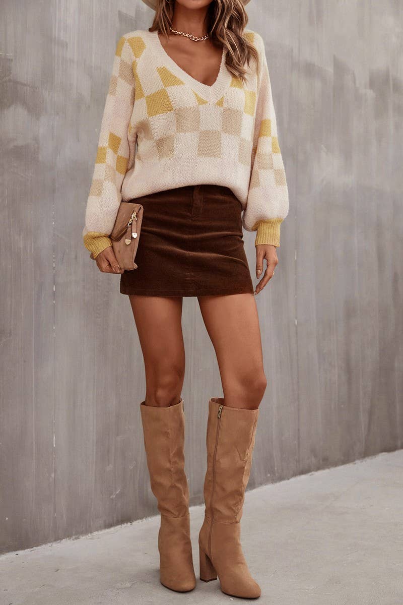 CWOSWL3174_V-NECK PLAID CONTRAST KNITTED PULLOVER SWEATER