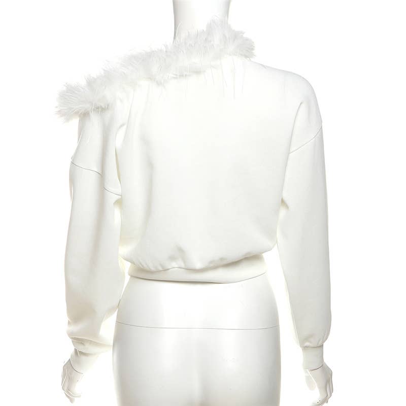 FLEECE COLLAR STEREO FLORAL OFF-THE-SHOULDER TOp