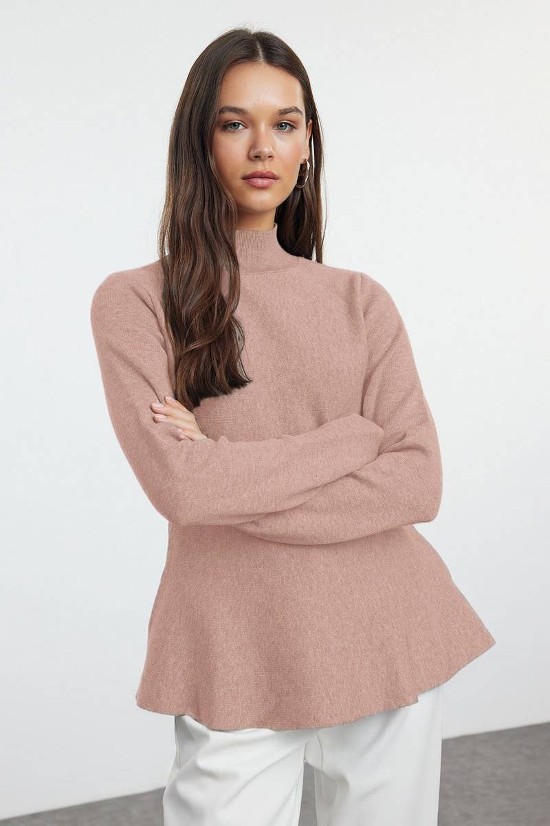 CWOSWL6956_SOLID COLOR HALF-HIGH COLLAR KNITTED SWEATER