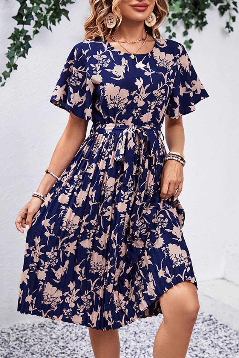 CWDSD2765_Round Neck Short Sleeve with belt Print Dress