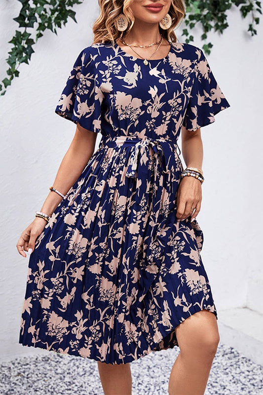 CWDSD2765_Round Neck Short Sleeve with belt Print Dress