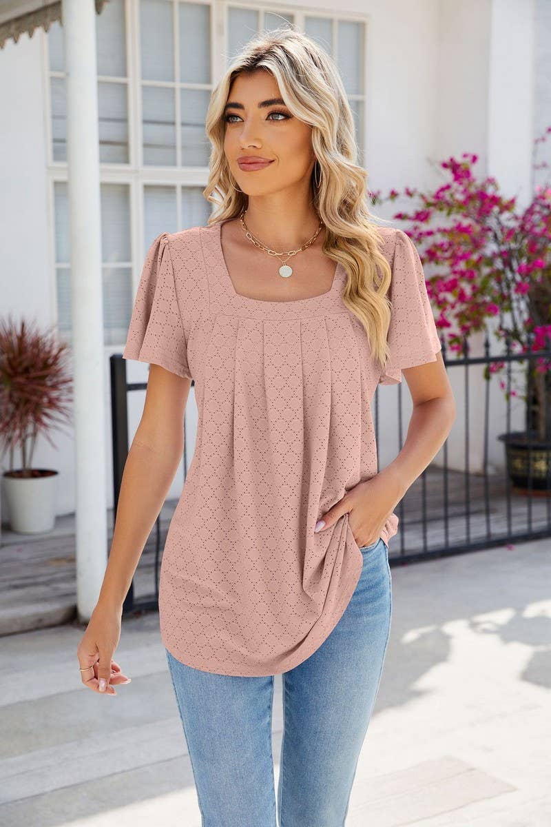 CWTTS0813_Squre Neck Short Ruffle Sleeve Knit Top