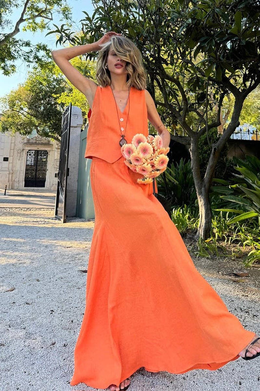 CWSS1136_SOLID LINEN VEST AND LONG A-LINE SKIRT SET