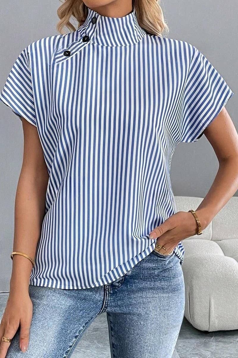 CWTBLS2232_SHORT SLEEVE HOLLOW OUT STAND COLLAR BUTTON SHIRT