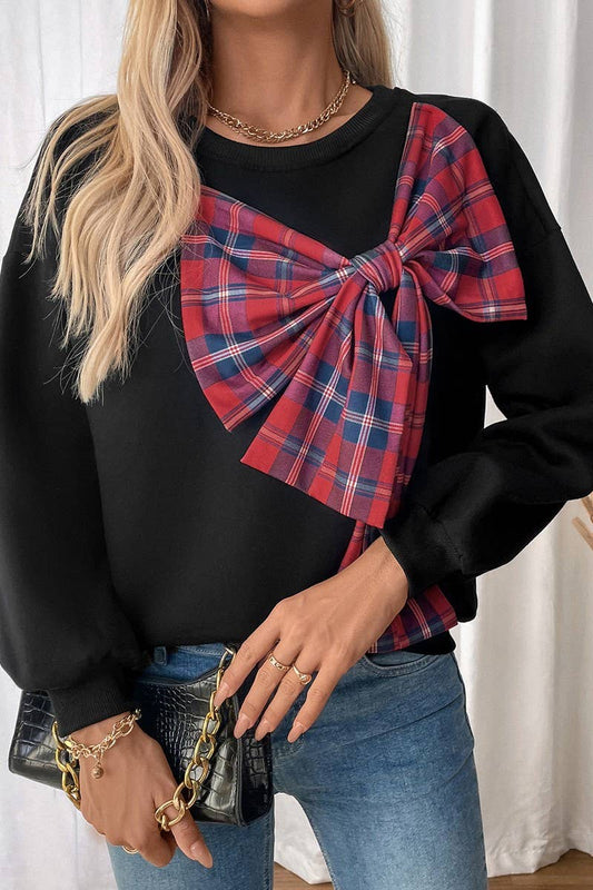 CWTBLL3732_BOW TIE THICKENED ROUND NECK PLAID SWEATSHIRT