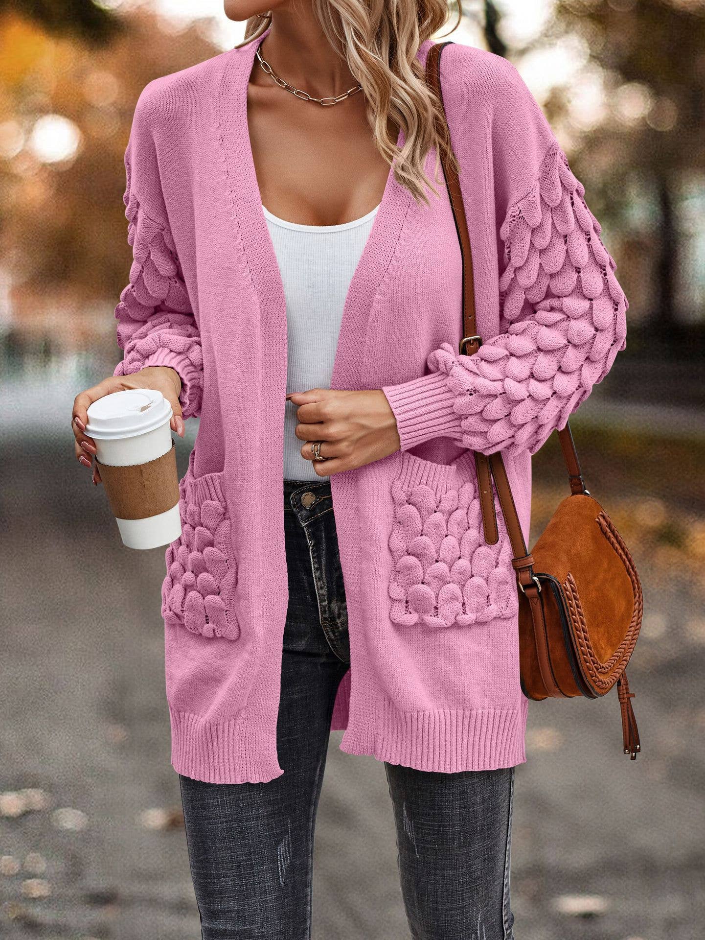 FEATHERED V-NECK LONG SLEEVE KNIT CARDIGAN