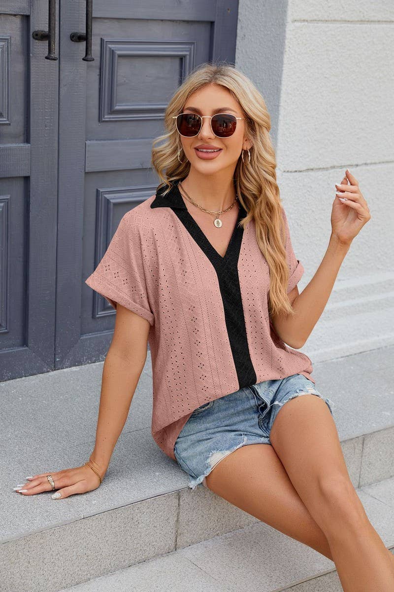 CWTTS0832_V-Neck Short Sleeve Knit Top