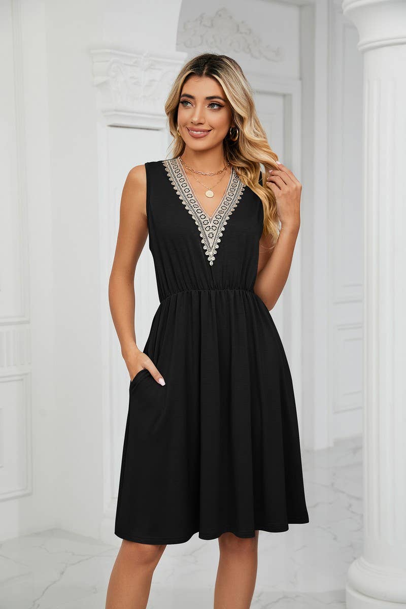 CWDSD3116_V-Neck Lace Trim Sleeveless Dress