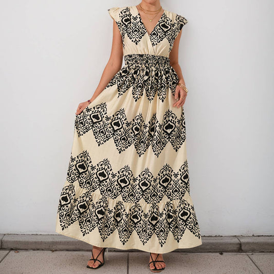 Casual V-neck high-waisted ethnic-style dress