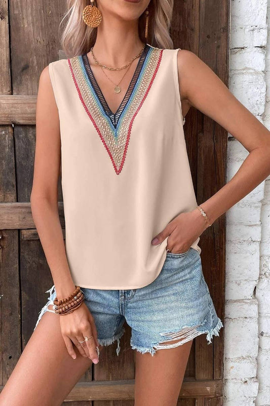 CWTBLSL0248_SUMMER V-NECK LACE SLEEVELESS CASUAL TOP VEST