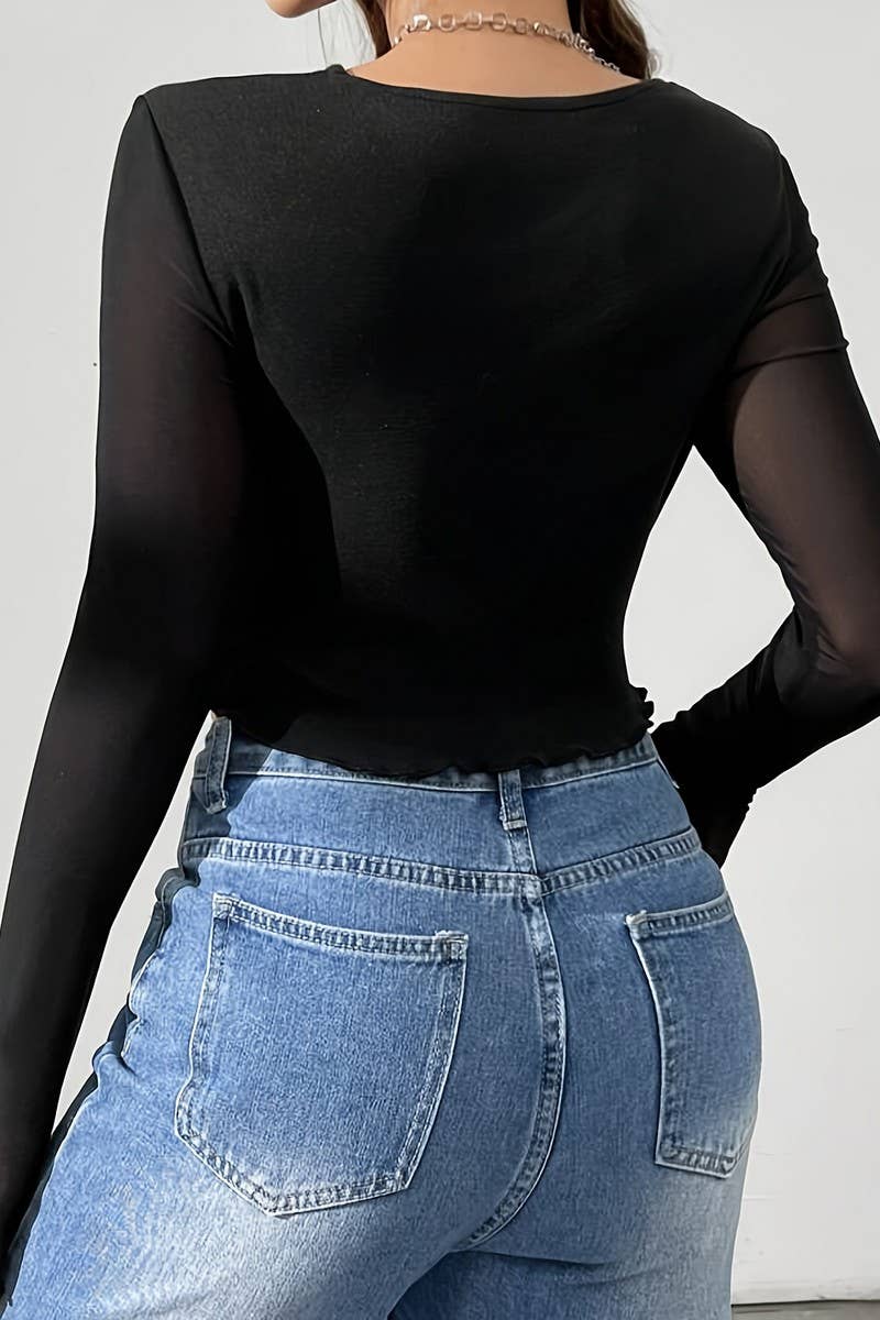 CWTBLL3523_FRONT HOLLOW MESH LONG SLEEVE CROPPED TOP