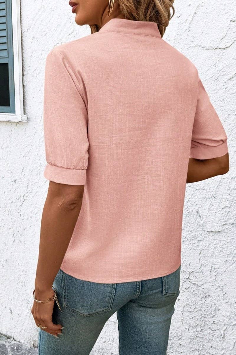 CWTBLS2269_V-NECK COTTON EMBROIDERED SHORT SLEEVE SHIRT