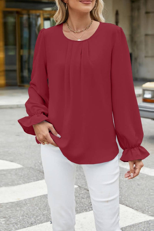 CWTBLL2871_CREW-NECK CHIFFON BAGGY LONG-SLEEVED BASE TOP