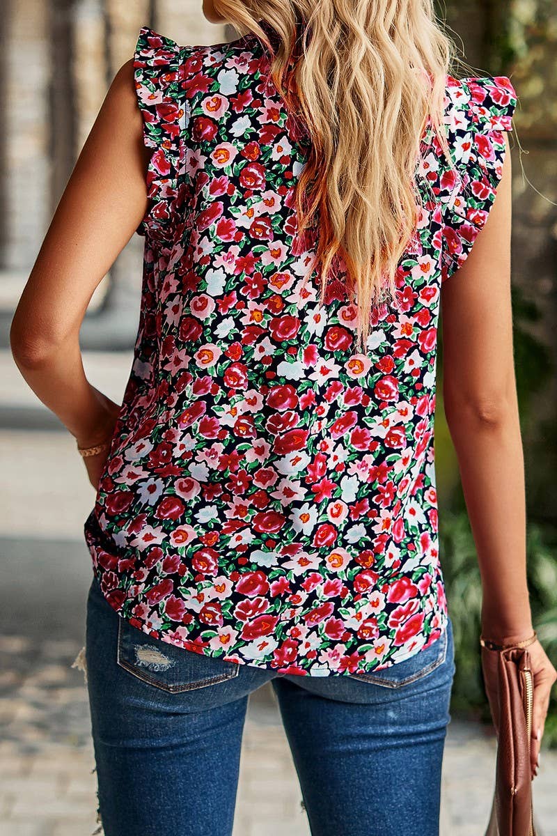 CWTBLSL0061_Round Neck Floral Ruffle Sleeveless Top