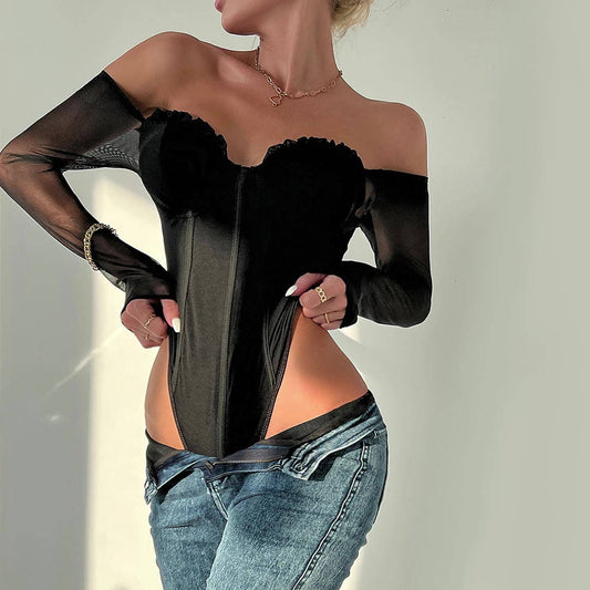 SEXY DOUBLE-LAYER MESH RUFFLED BODYSUIT