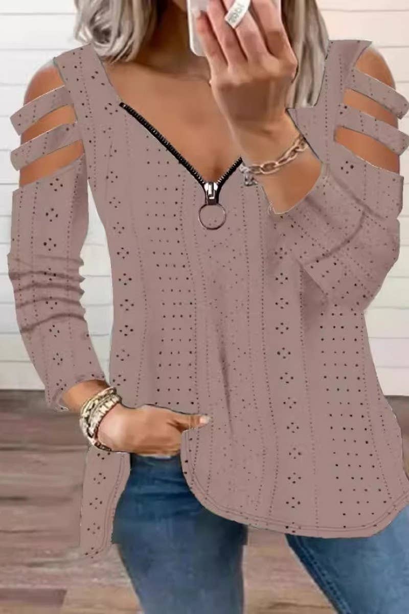 CWTBLL2868_V-NECK ZIPPER LOOSE SOLID COLOR LONG-SLEEVED TOP