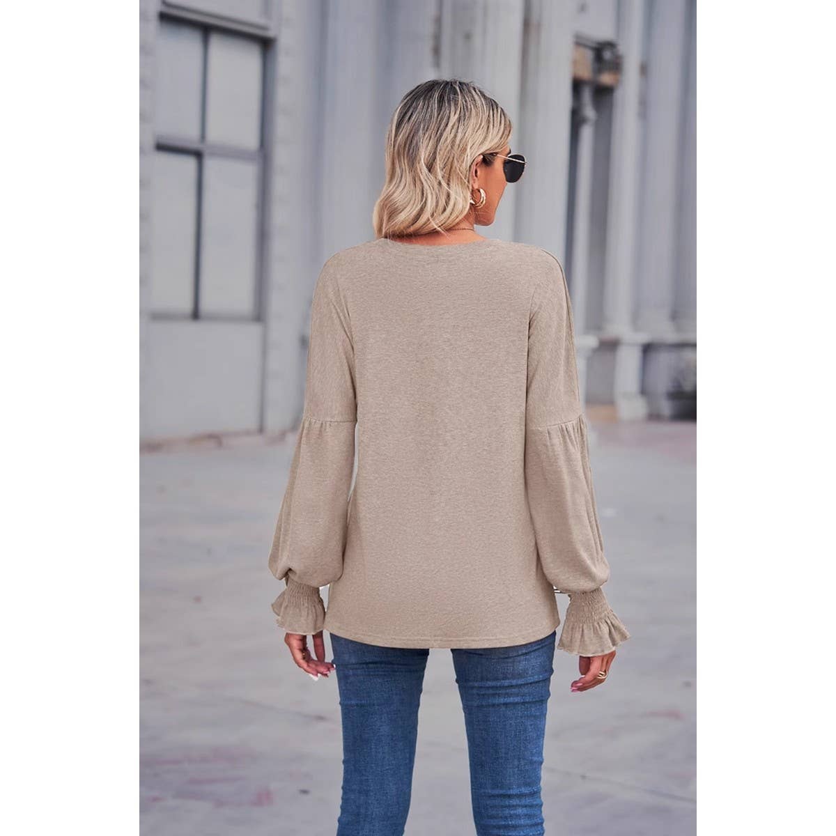 CWTBLL1880_ROUND NECK LOOSE CUFFS LANTERN SLEEVE TOP