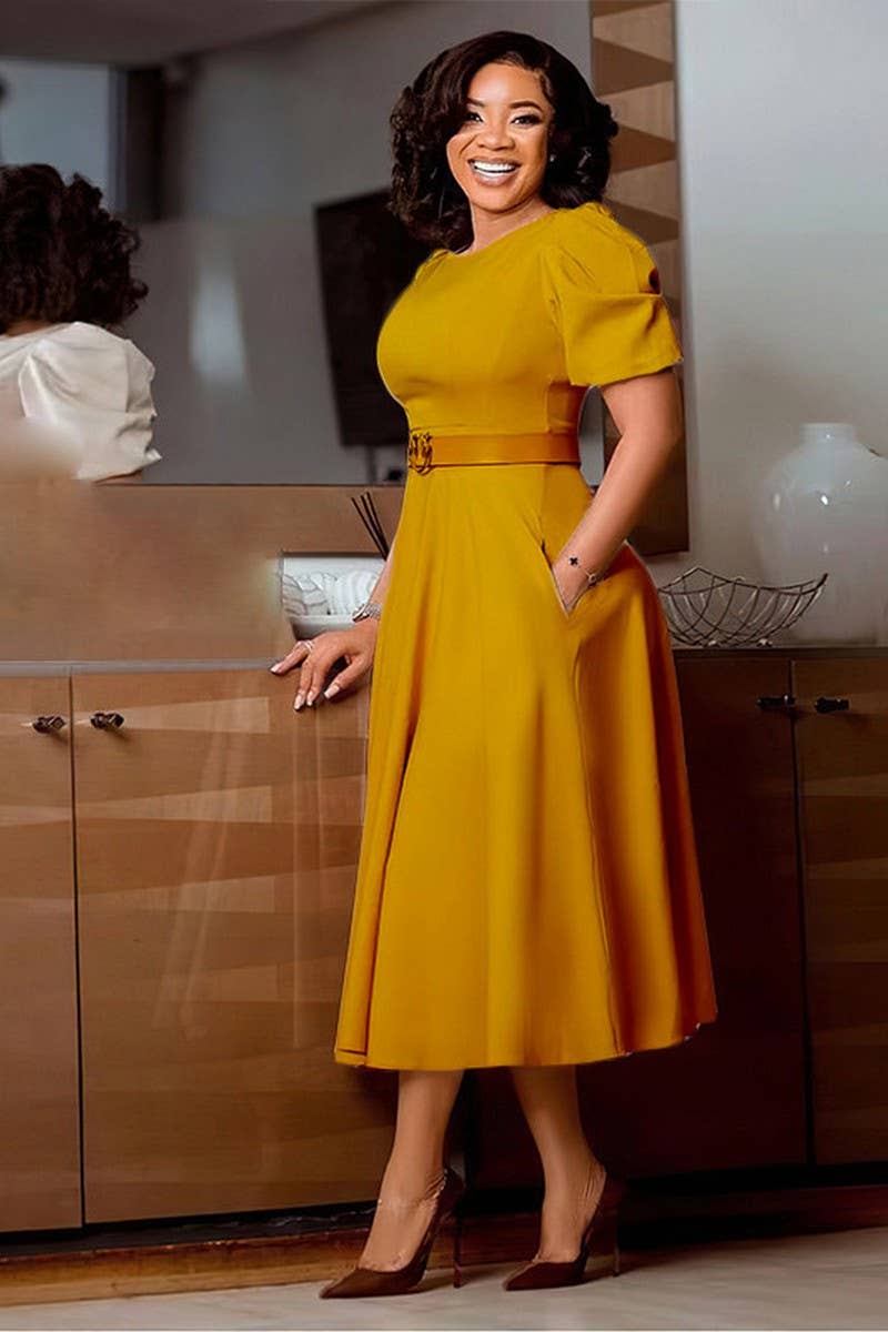 CWDMD01255_WOMEN PUFF SLEEVE ROUND NECK A LINE MIDI DRESS