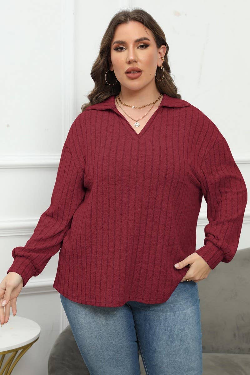 CWTTL1312_PLUS Size Casual Foldover Collar Knit Pullover Top