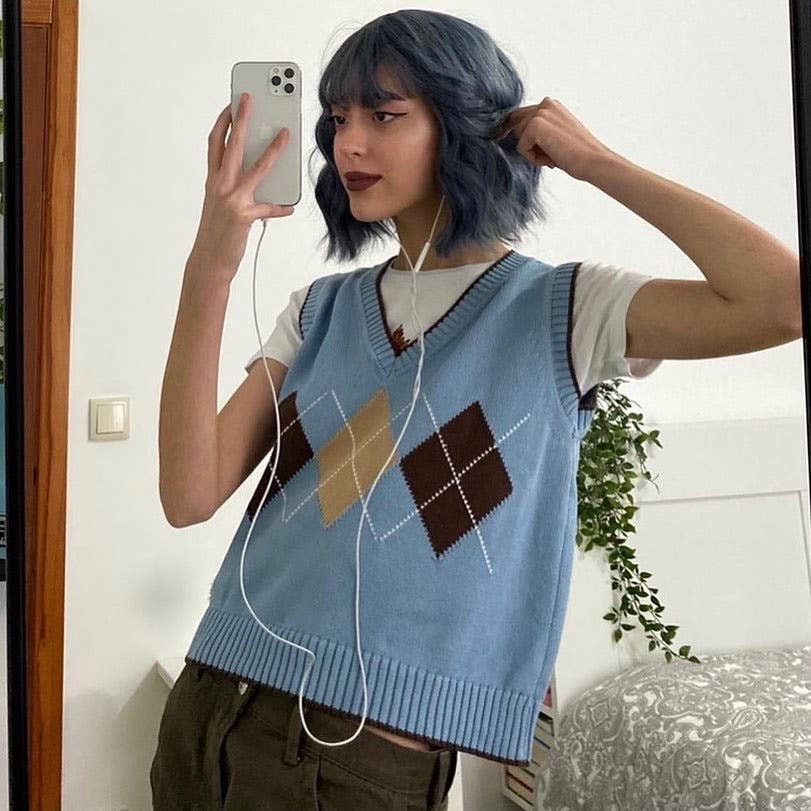 BLUE V-NECK SWEATER KNIT SHIRT SLEEVELESS VEST