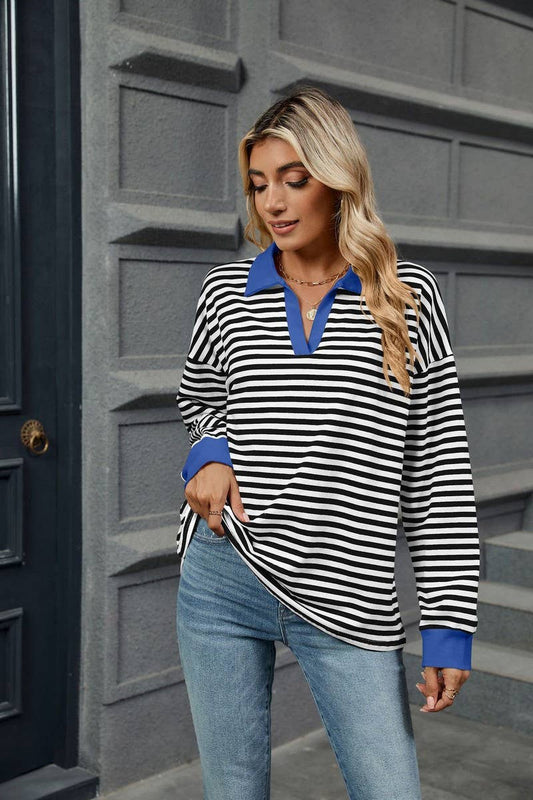 CWTBLL2361_CONTRAST COLOR LAPEL LOOSE STRIPED SWEATSHIRT
