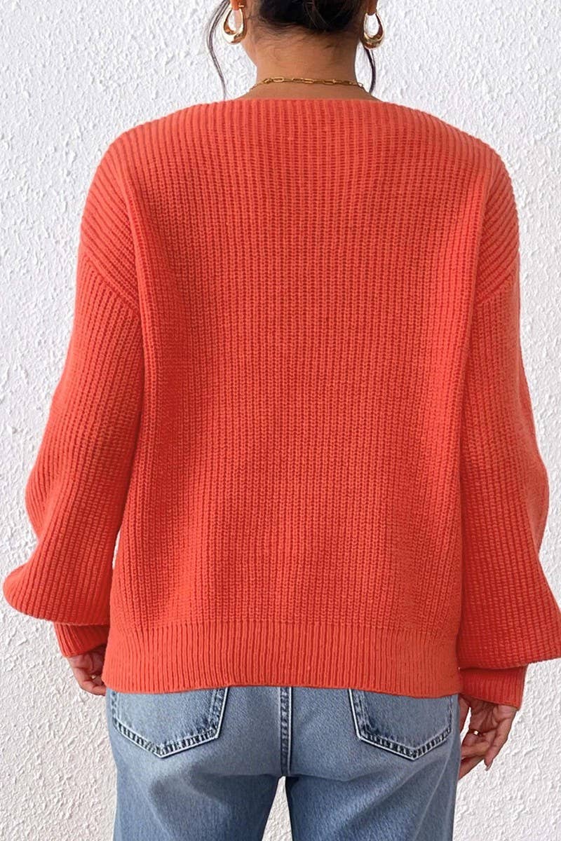 CWOSWL07339_WOMEN V NECK LACE BOW POCKET KNIT SWEATER