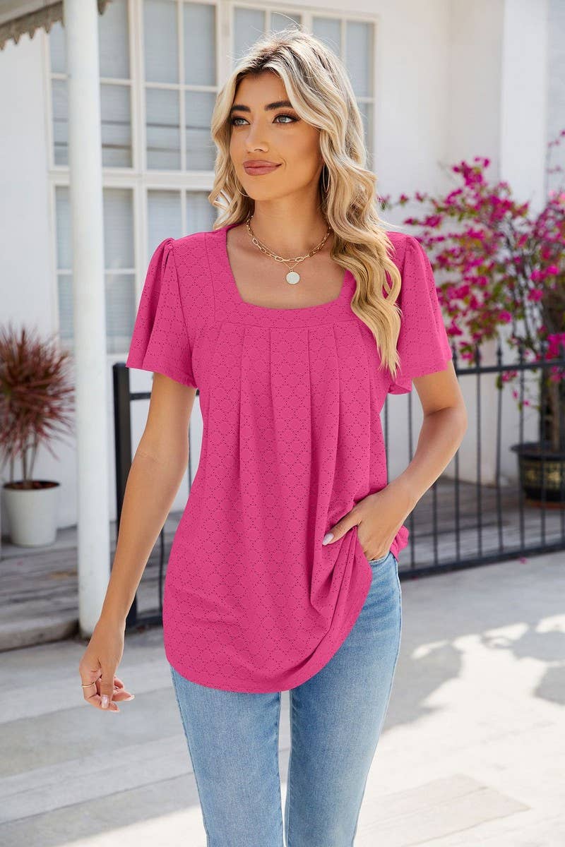 CWTTS0813_Squre Neck Short Ruffle Sleeve Knit Top