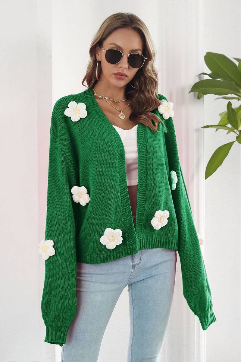 CWOCAL1182_EMBROIDERED FLOWER LANTERN SLEEVE KNIT CARDIGAN